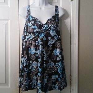 Aqua Eve black blue floral  tropical print tankini top  Sz 22W NWT